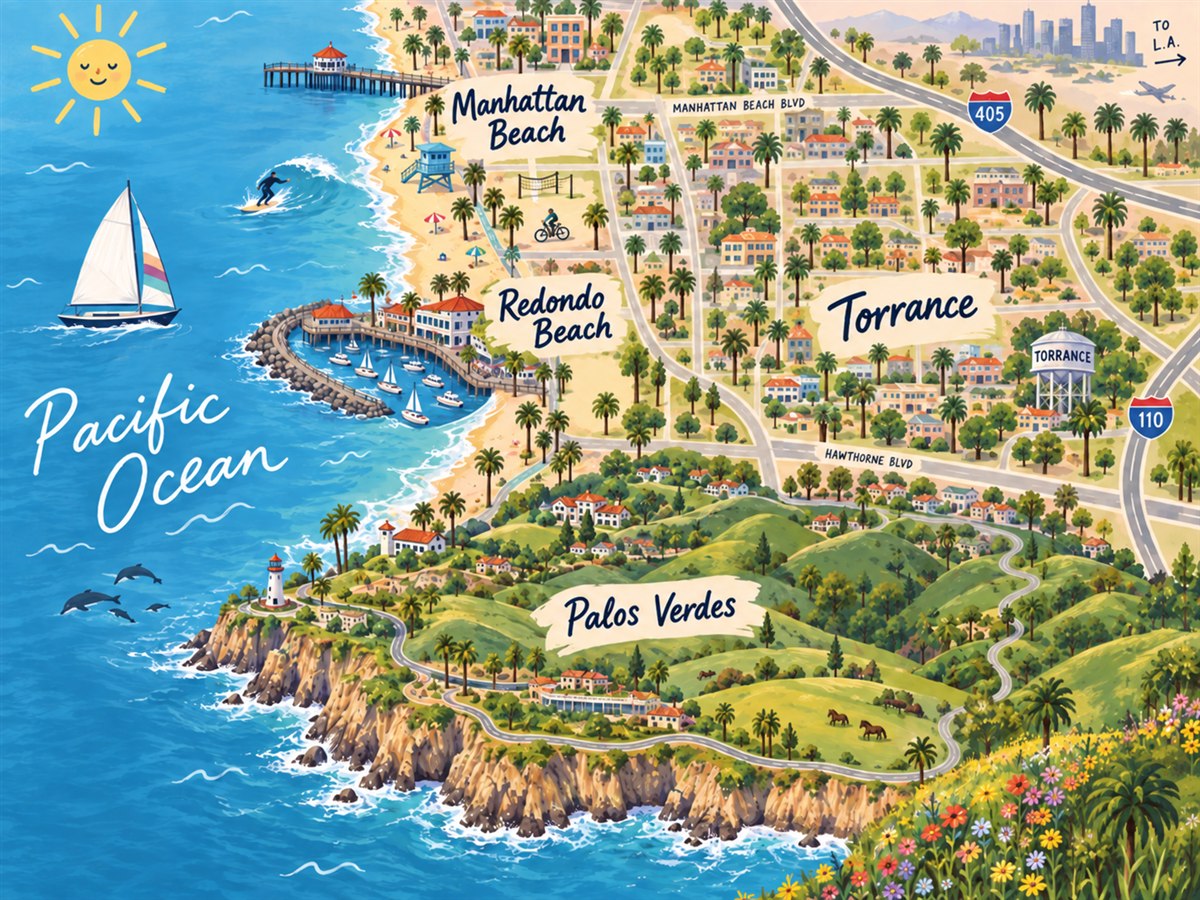 Illustrated South Bay coastline with the four Bay League schools positioned across the region.