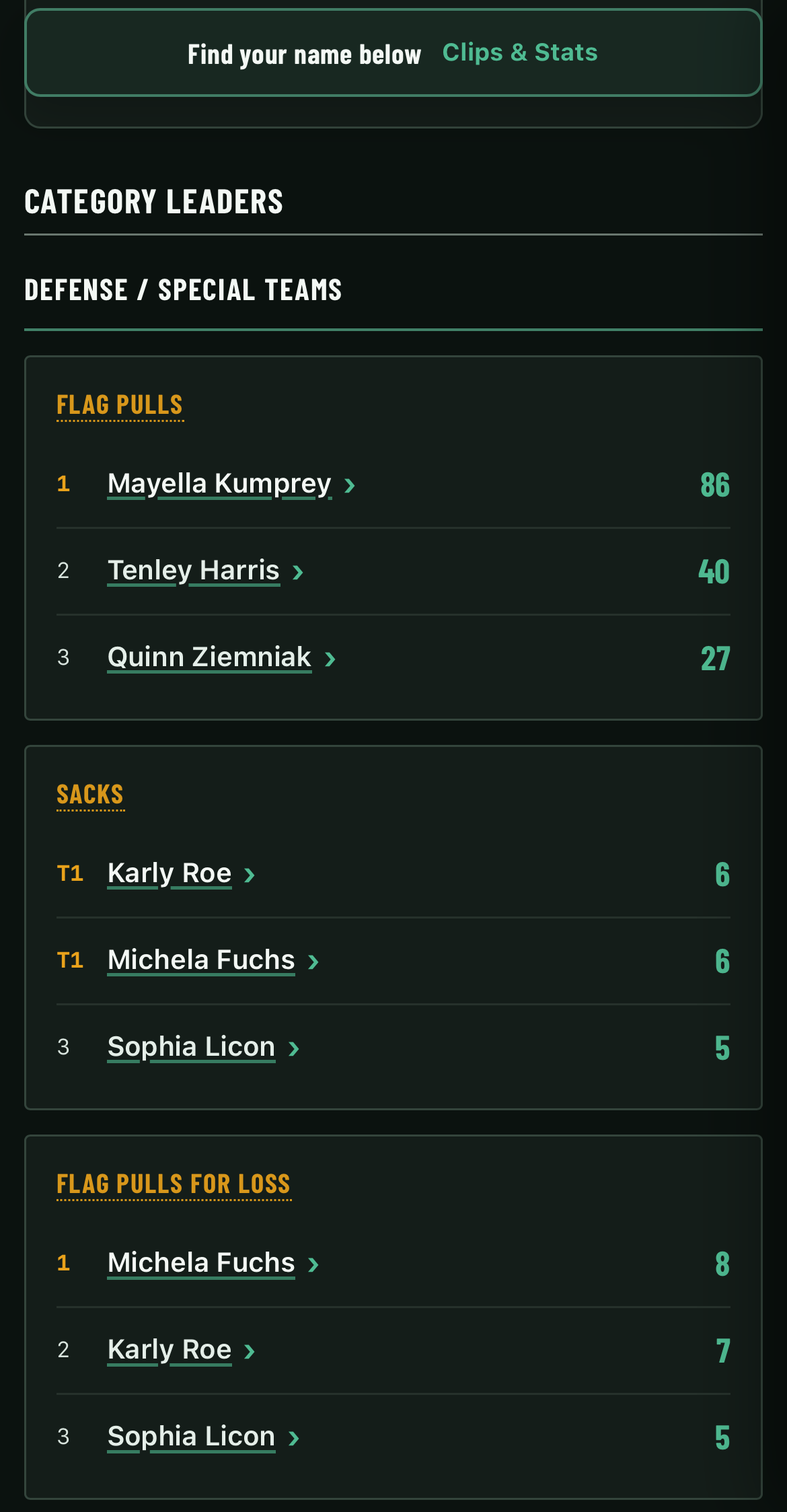 Category Leaders screen