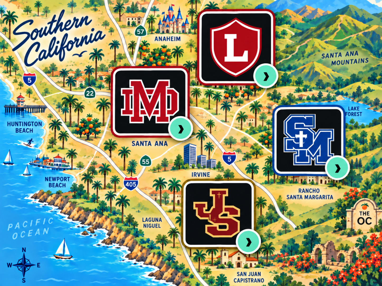 Illustrated Trinity League map with JSerra, Orange Lutheran, Mater Dei, and Santa Margarita crests